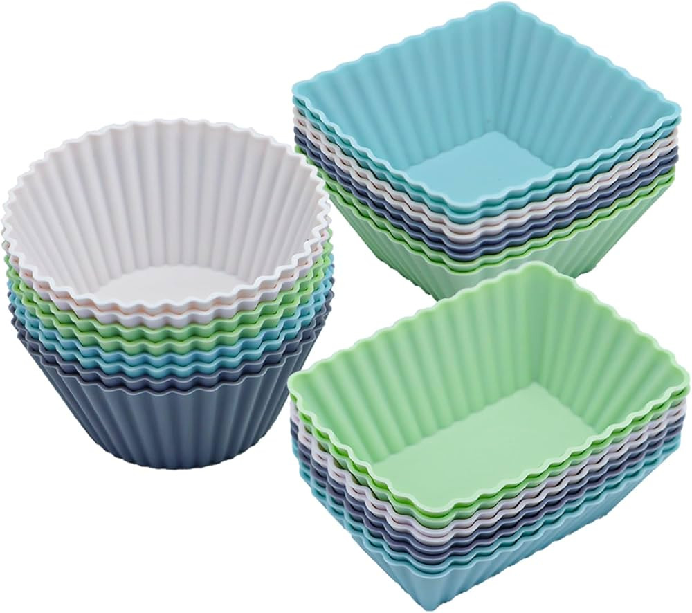 24-Pack Silicone Cupcake Liners, Reusable Muffin Cups – Round, Square & Rectangle Baking Cups, ... | Amazon (US)