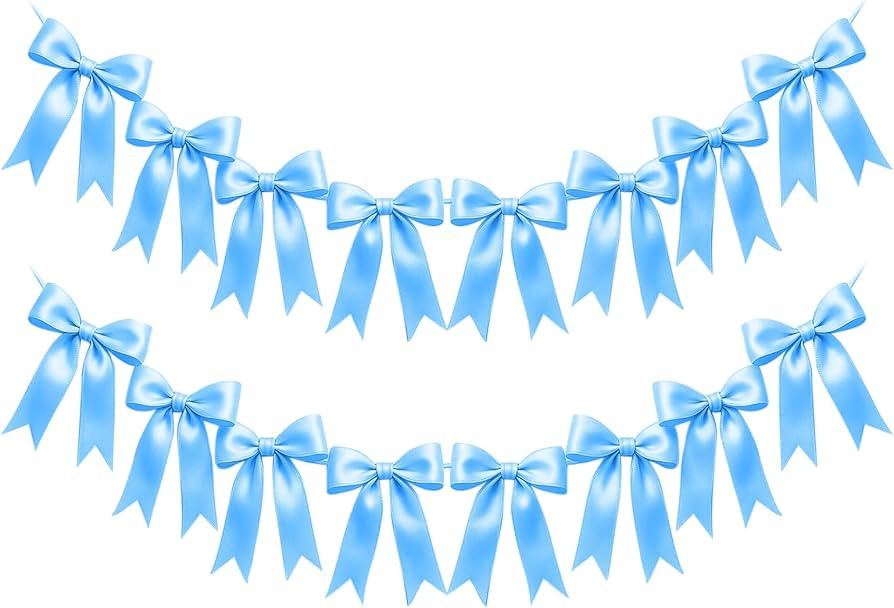 2 Strings of 16PCS Blue Bow Garlands Banner Decoration,Pre-Strung Satin Ribbon Ornaments for Birt... | Amazon (US)