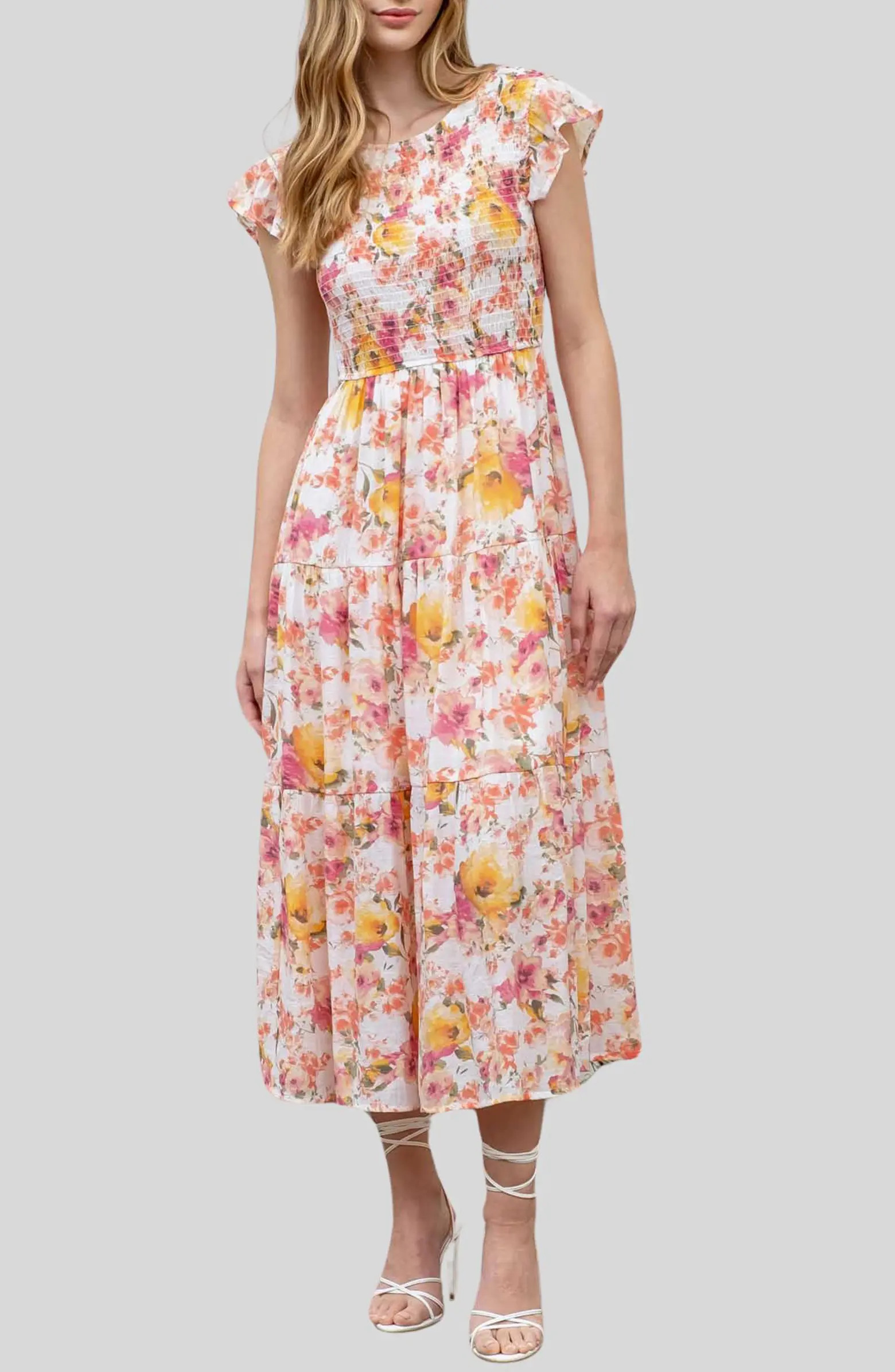 Floral Smocked Bodice Midi Dress | Nordstrom Rack