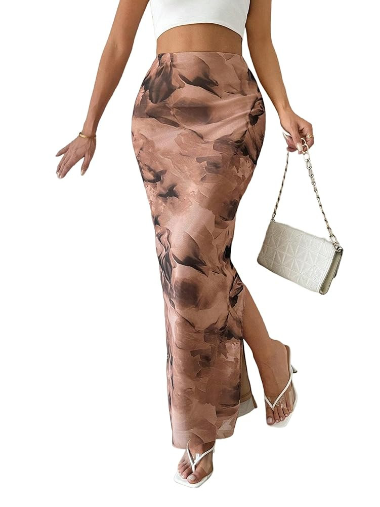 Women's Floral Midi Skirt Mesh Slit Split Long Summer Maxi Skirts Women Outfit | Amazon (US)