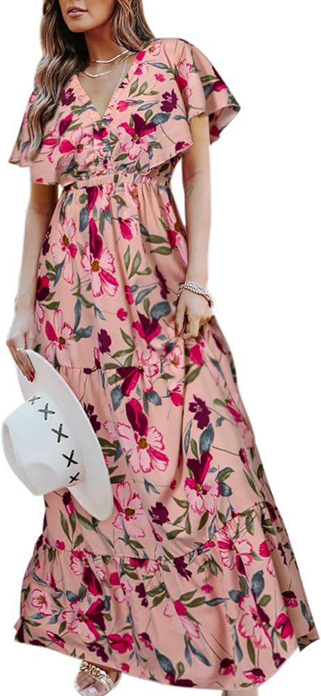 Amegoya Women's Casual Short Sleeve V Neck Floral Maxi Dresses Boho Beach Photoshoot Flowy Ruffle... | Amazon (US)