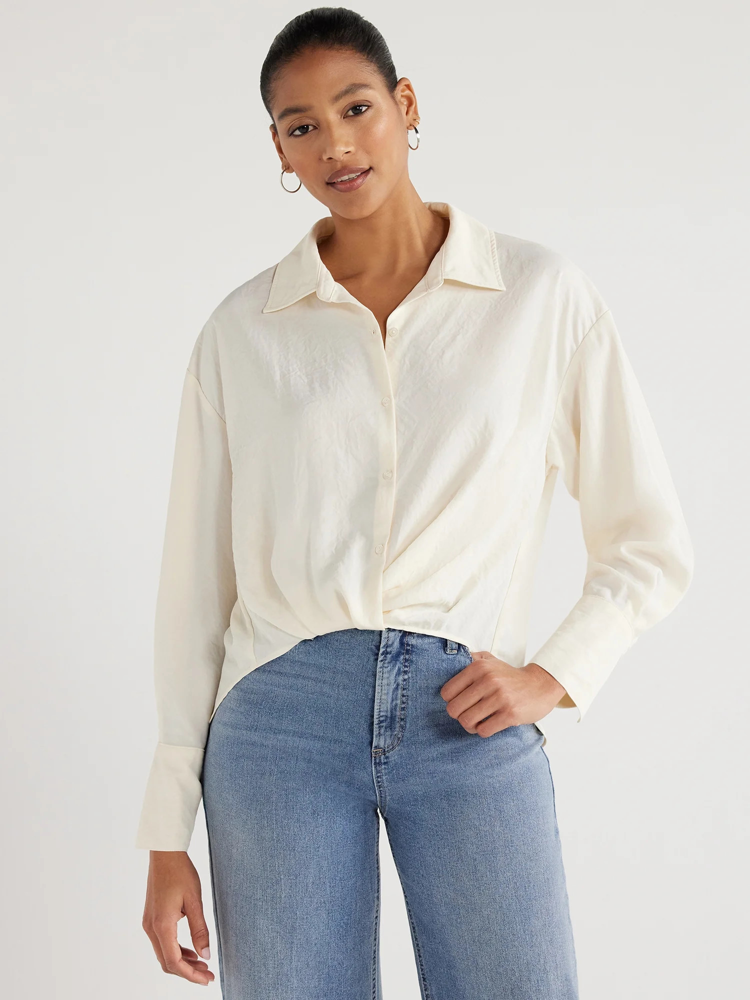 Scoop Women’s Knot Front Top with Long Sleeves, Sizes XS to XXL | Walmart (US)