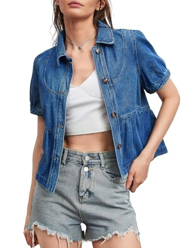 Kedera Womens Button Down Denim Shirts Casual Blouses Peter Pan Collared Short Sleeve Ruffle Hem Jean Shirt Light Blue | Amazon (US)