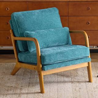 Teal Chenille Armchair with Solid Wood Handrail | The Home Depot