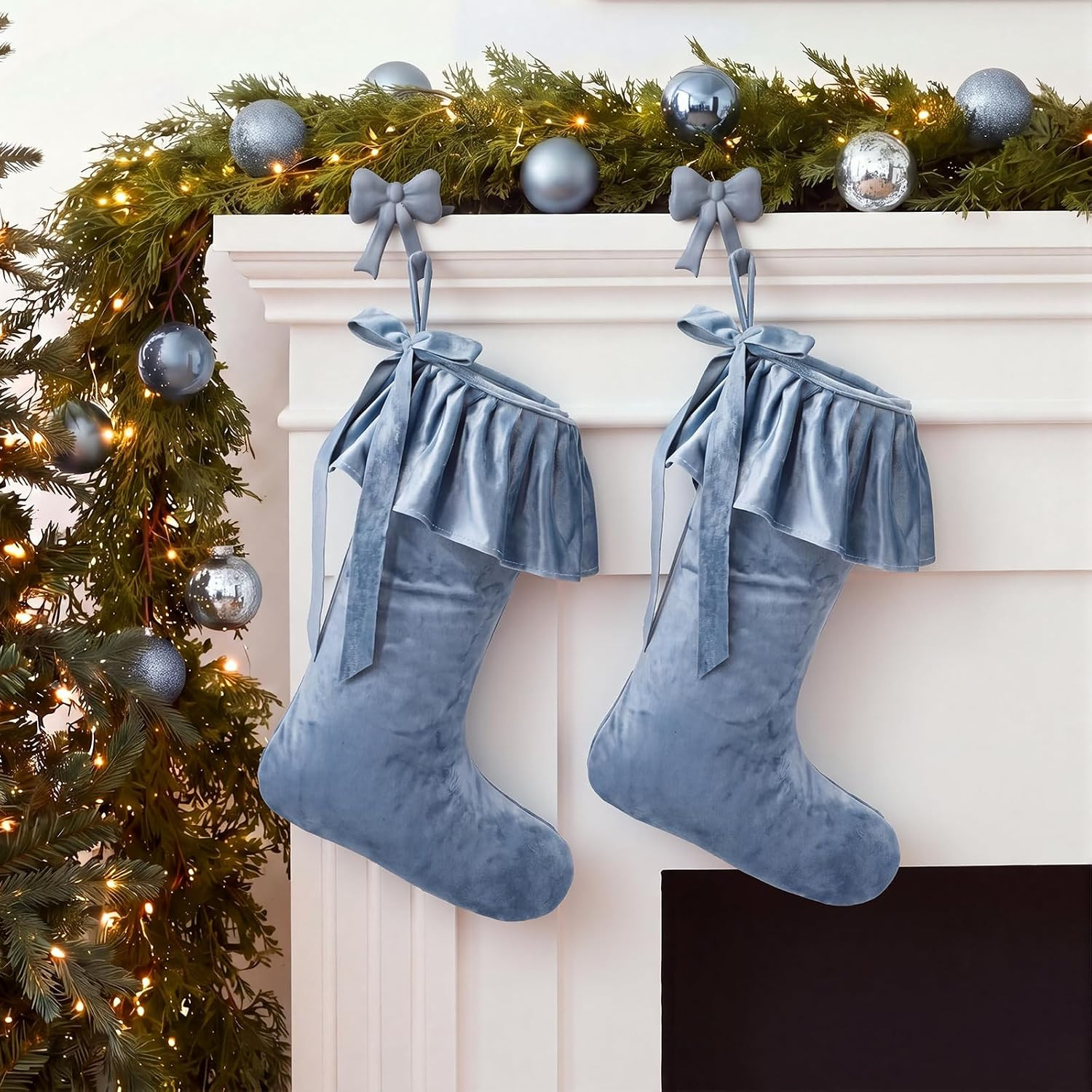 Pinkunn 2 Pcs 18 Inch Velvet Christmas Stockings with Large Bow,Haze Blue | Amazon (US)