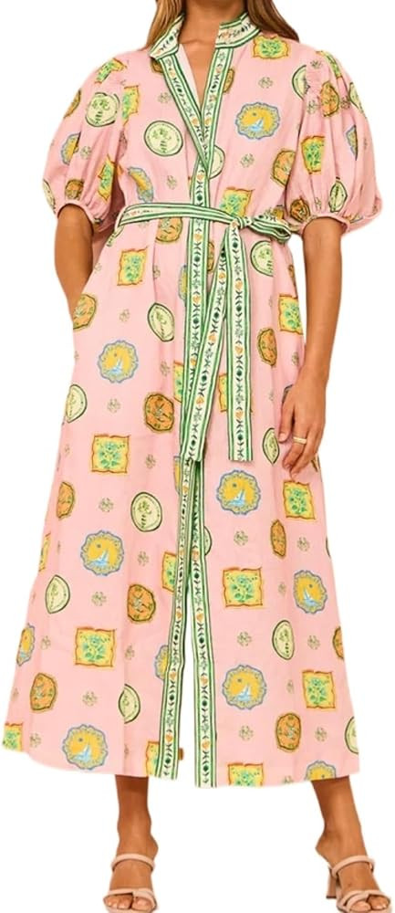 Puff Sleeve Maxi Dress Women Summer Graffiti Y2k Dress Vintage Boho Tropical Dress Floral Colorfu... | Amazon (US)