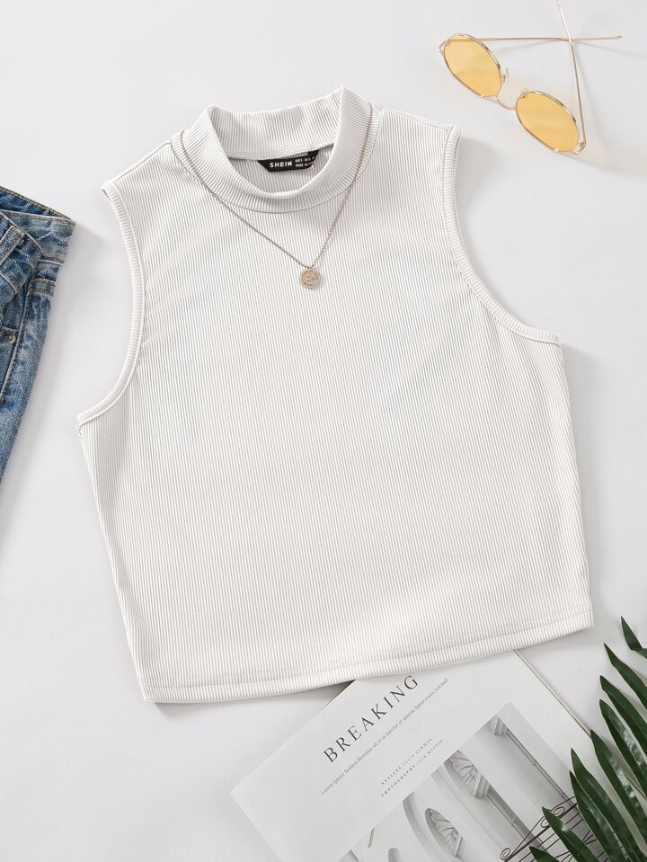 SHEIN EZwear Plus Rib-knit Mock Neck Tank Top | SHEIN