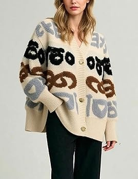 yoeasy Womens Cardigans Sweater Letters Print Button Down Trendy Fall Winter Loose Open Front Chu... | Amazon (US)