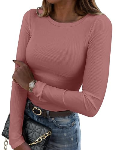 Zeagoo Women's Long Sleeve T Shirts Round Neck Ribbed Knit Fitted Shirt Casual Slim Basic Top Blouses Pink | Amazon (US)