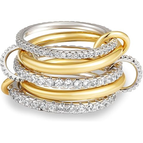 Gold Stackable Rings for Women, 14K Gold Plated Cubic Zirconia Rings, Silver Gold Multi Ring Mixe... | Amazon (US)