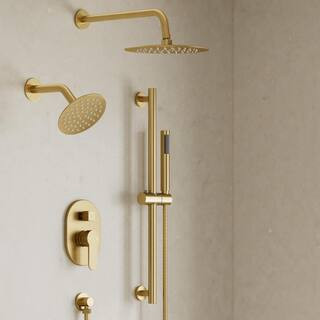 CRANACH 3-Spray Wall Mounted 10 and 6 in. Dual Shower Head and Handheld Shower Head in Brushed Go... | The Home Depot