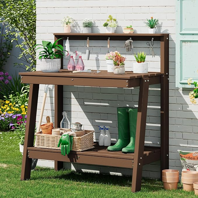 SERWALL Potting Bench Outdoor with Storage, 3-Tier HDPE Gardening Table with Angled Legs & Tool H... | Amazon (US)