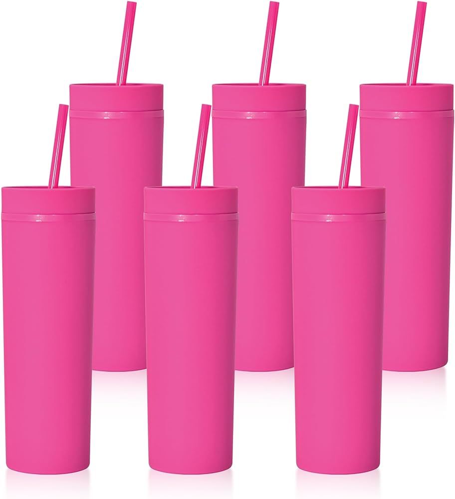 sweet grain 16oz Skinny Tumblers with Lids and Straws(6 Pack) - Matte Pastel Colored Acrylic Tumb... | Amazon (US)