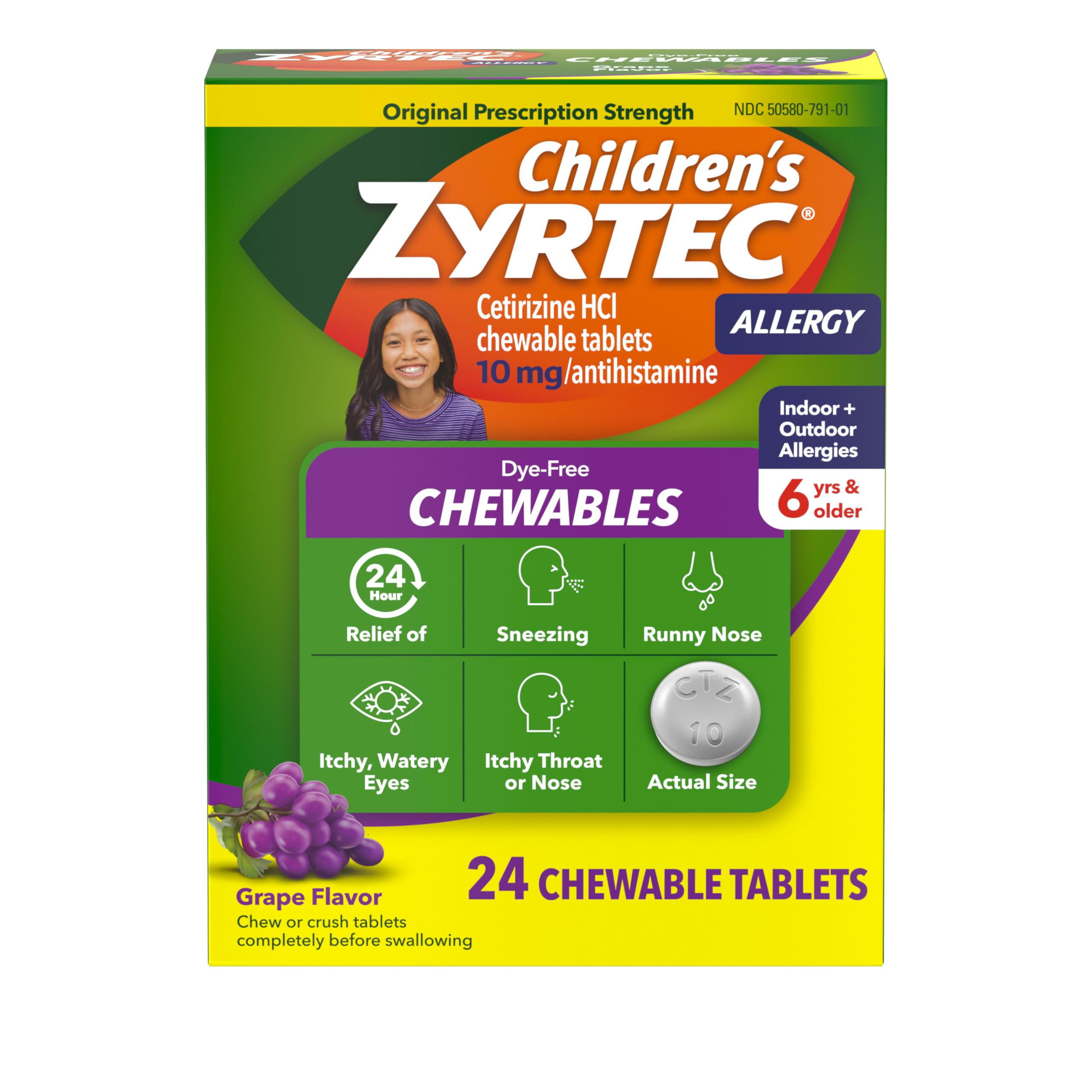 Zyrtec Children's Dye-Free Chewables for 24 Hour Allergy Relief, 10 mg Cetirizine Hydrochloride A... | Amazon (US)