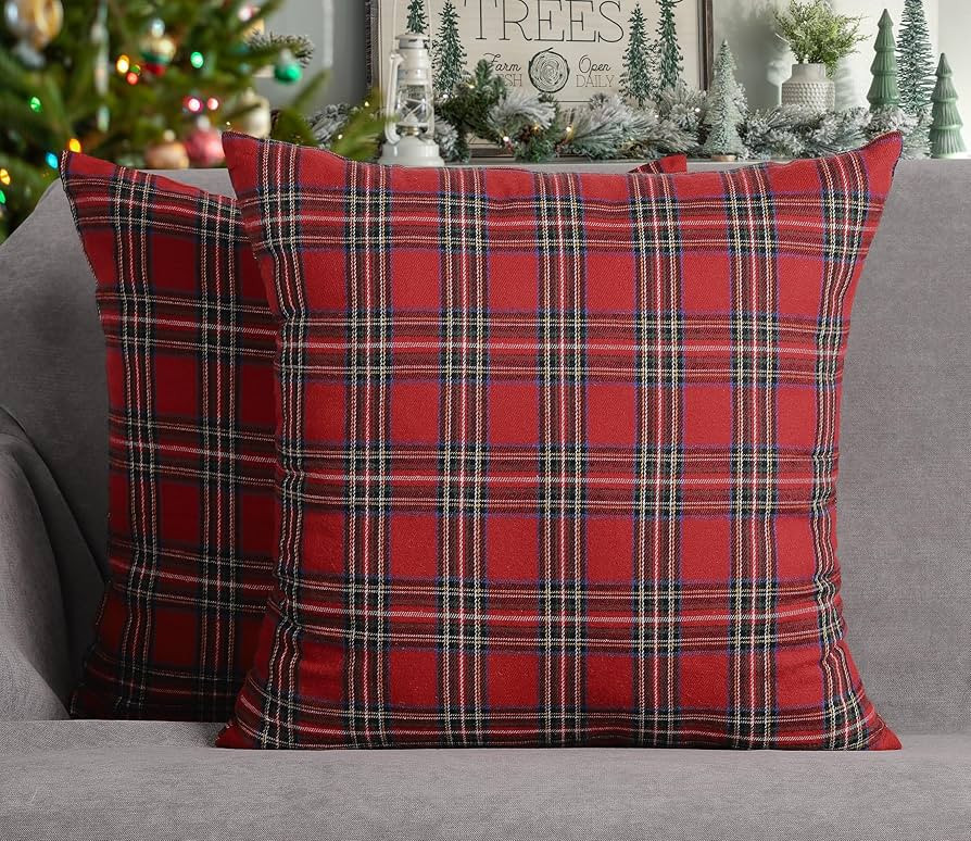4TH Emotion Set of 2 Christmas Scottish Tartan Plaid Throw Pillow Covers Cushion Case Polyester f... | Amazon (US)