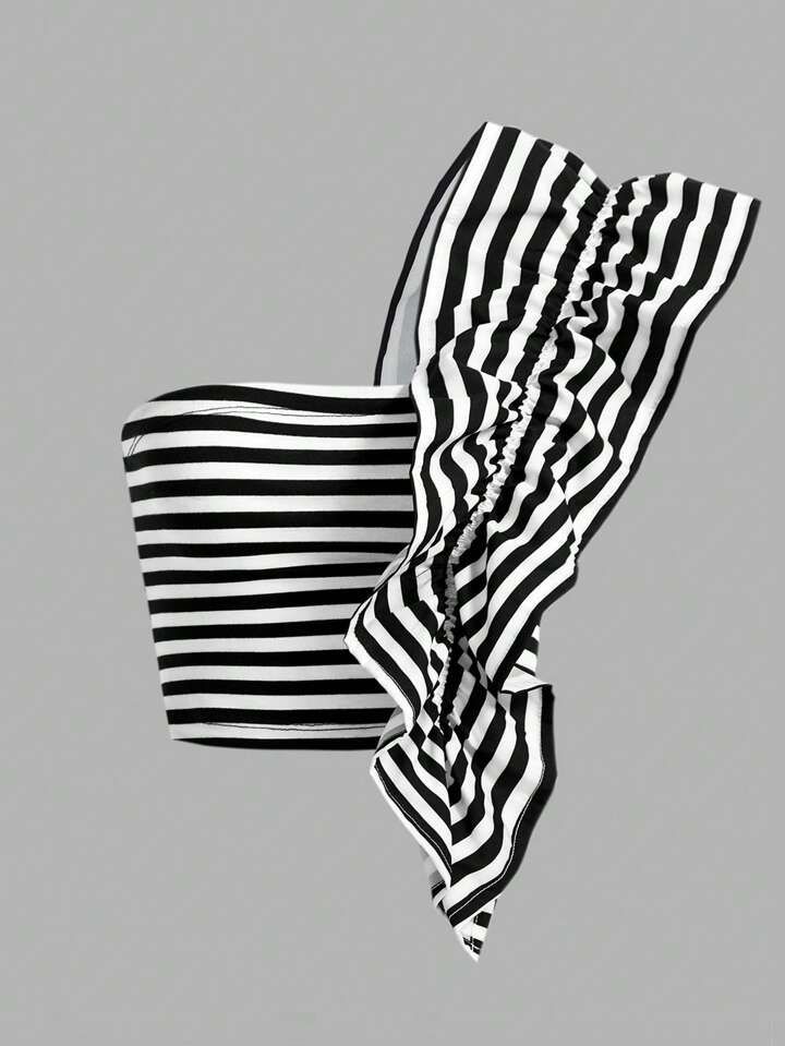 SHEIN MOD Striped Print Ruffle Trim Crop Top | SHEIN