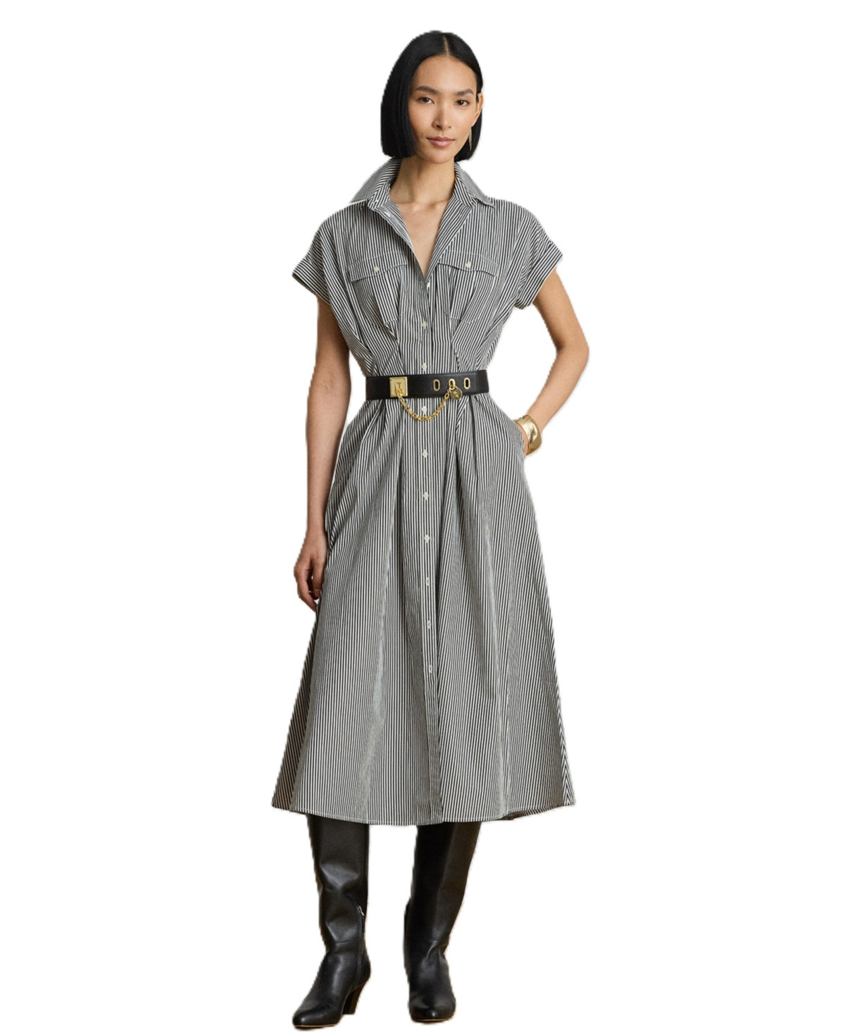 Lauren Ralph Lauren Women's Striped Pleated Broadcloth Shirt Dress - Black/white | Macy's