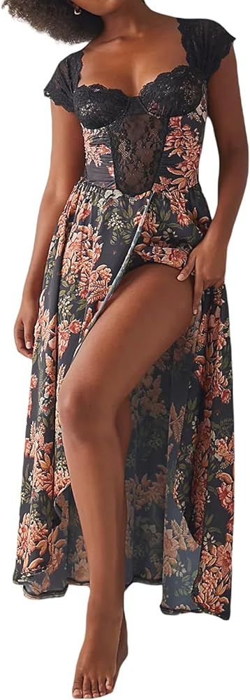 Women Lace Patchwork Floral Maxi Dress Summer Sleeveless Deep V Neck Tie Up Bodycon Long Dress fo... | Amazon (US)