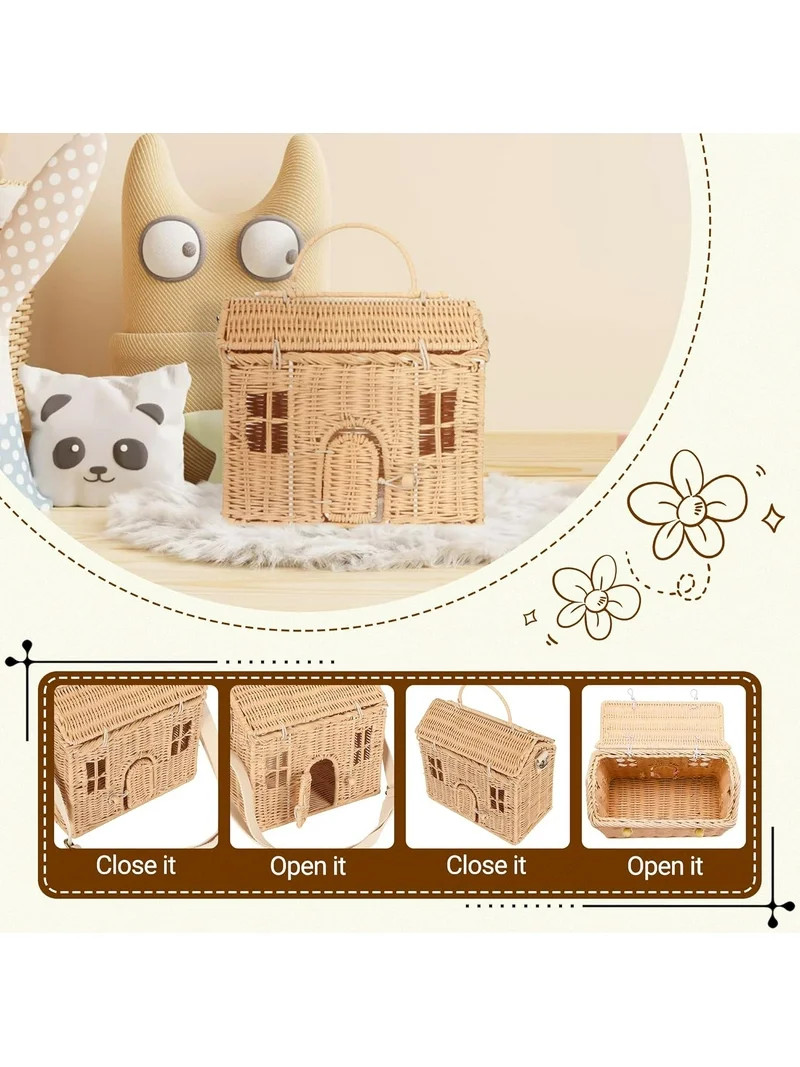 Rattan House Storage Basket with Lid, Handwoven Rattan Bag House Shape Portable Handle Adjustable... | Walmart (US)