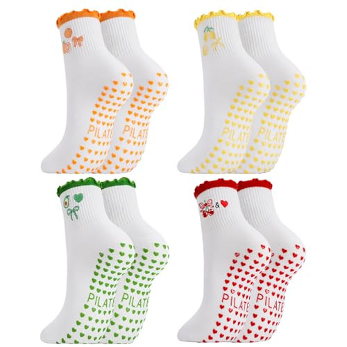 scenicamp 4 Pairs Pilates Grips Socks for Women, Crew Non Slip Yoga Socks Ruffle Cuff Embroidery Pattern Workout Ballet Sock | Amazon (US)