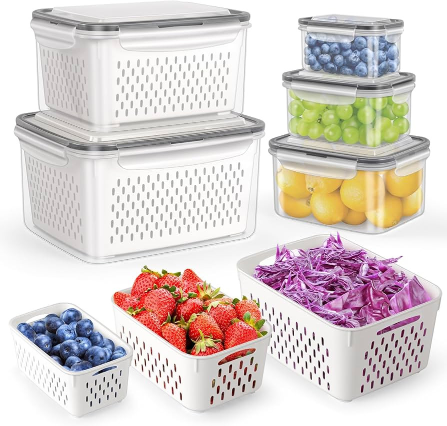HOTEC 5-Pack Large Fruit Storage Container for Fridge Leak proof with Removable Colander, BPA Fre... | Amazon (US)