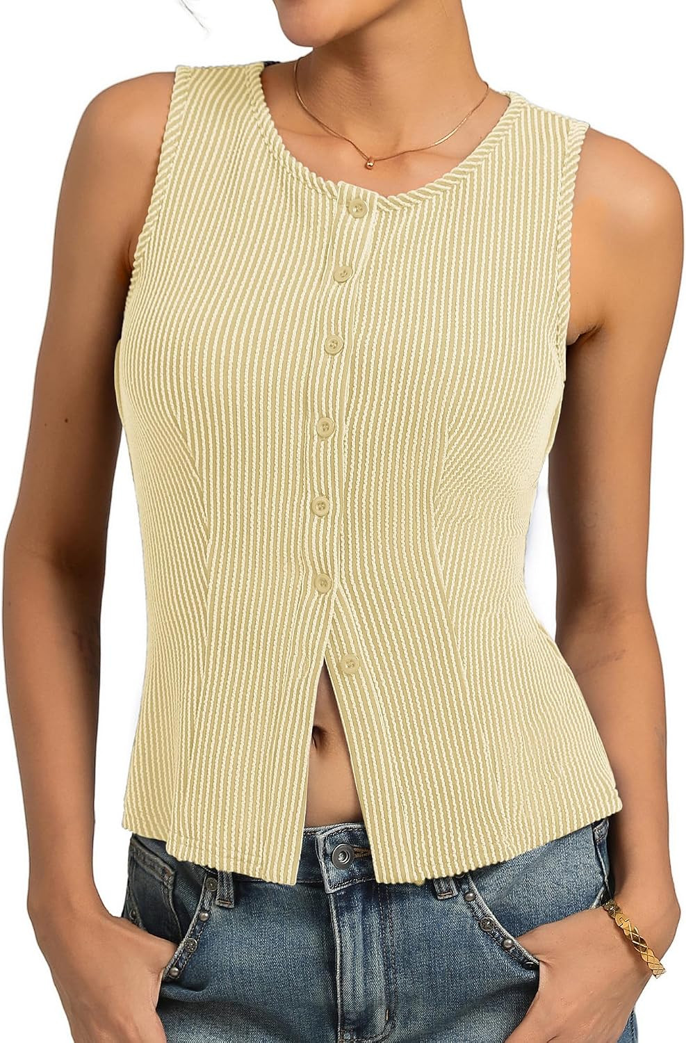 Kate Kasin Women Summer Going Out Tank Tops Y2K, Button Up Sleeveless Top, Ribbed Knit Sweater Vest Trendy | Amazon (US)