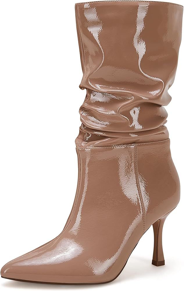 Coutgo Womens Slouchy Boots High Stiletto Heels Pointed Toe Mid Calf Faux Leather Dress Booties | Amazon (US)