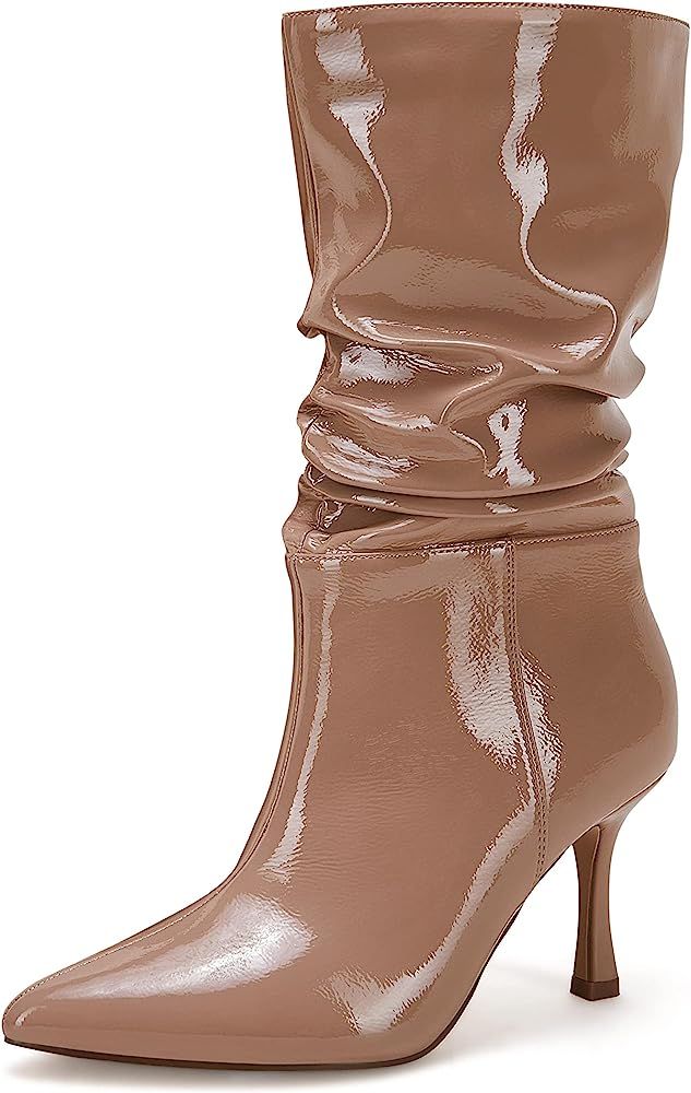 Coutgo Womens Slouchy Boots High Stiletto Heels Pointed Toe Mid Calf Faux Leather Dress Booties | Amazon (US)