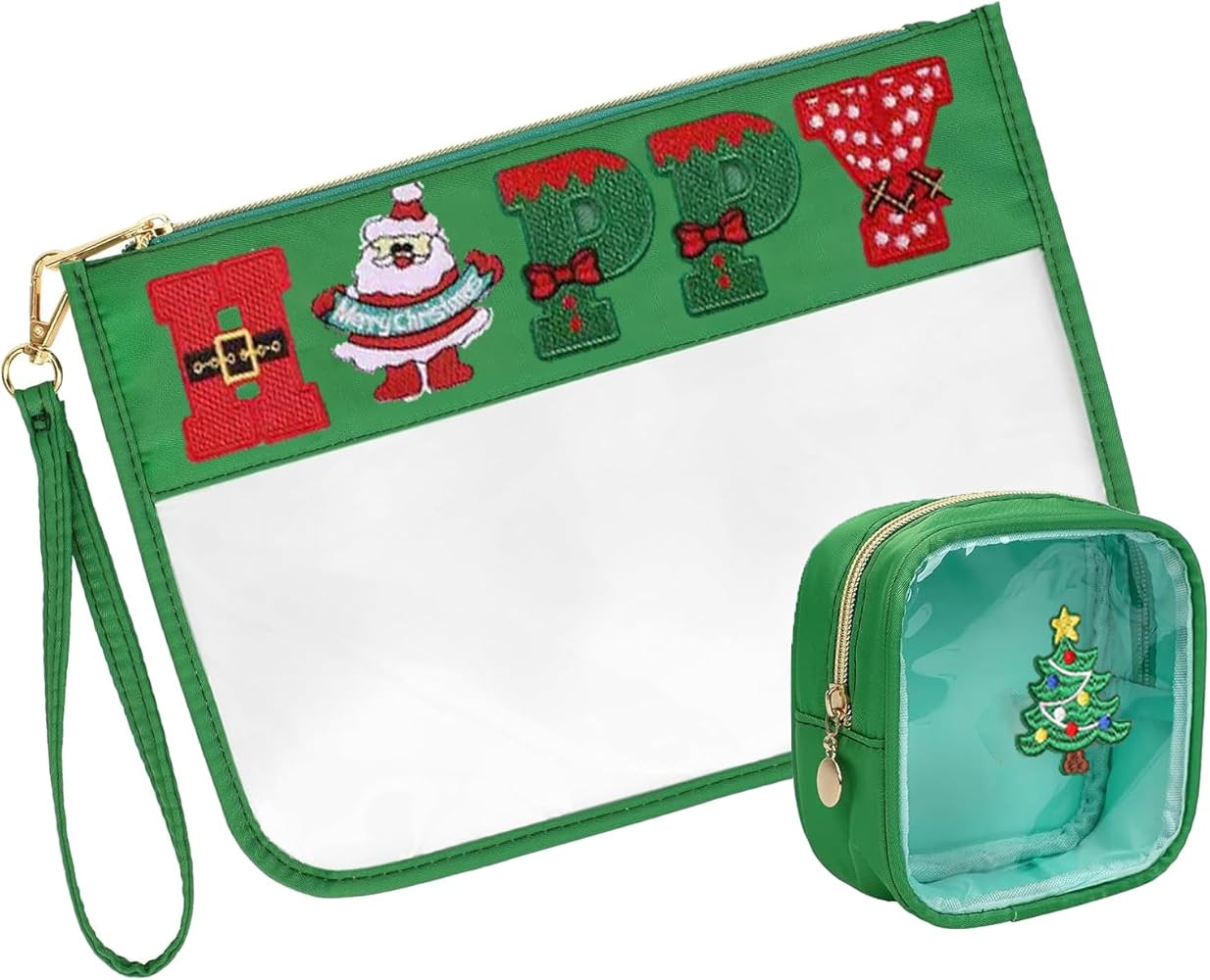 2 Pcs Christmas Gifts Cosmetic Makeup Bag with Chenille Letter Patch, Clear Pouch PVC Organizer P... | Amazon (US)