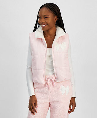 Juniors' Bow Patch Reversible Sherpa Puffer Vest | Macy's