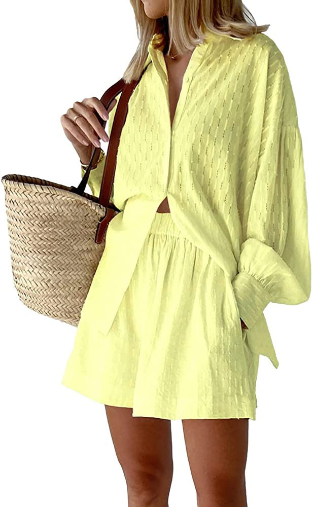 HAPCOPE Women's 2 Piece Outfits Oversized Long Puff Sleeve Blouse Shirt High Waisted Side Pocket ... | Amazon (US)