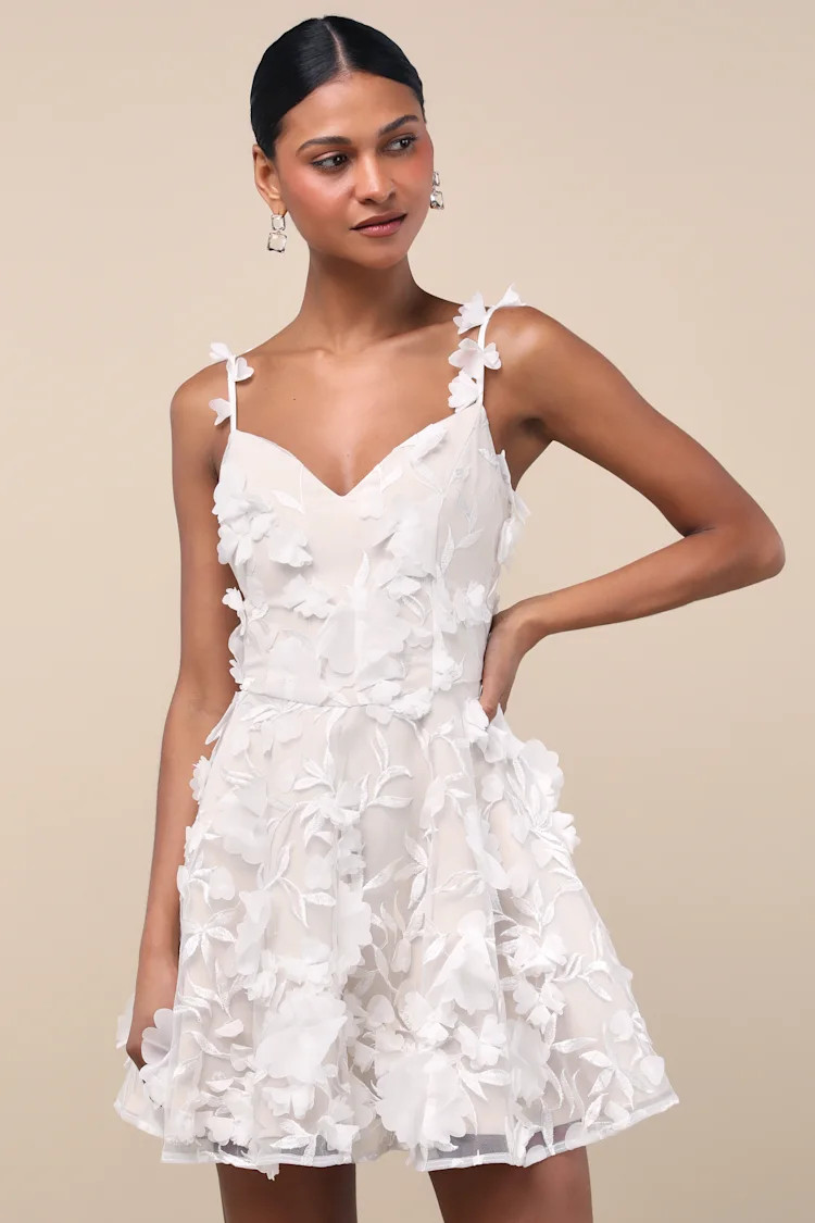 Flaviana White and Beige 3D Floral Embroidered Mini Dress | Lulus
