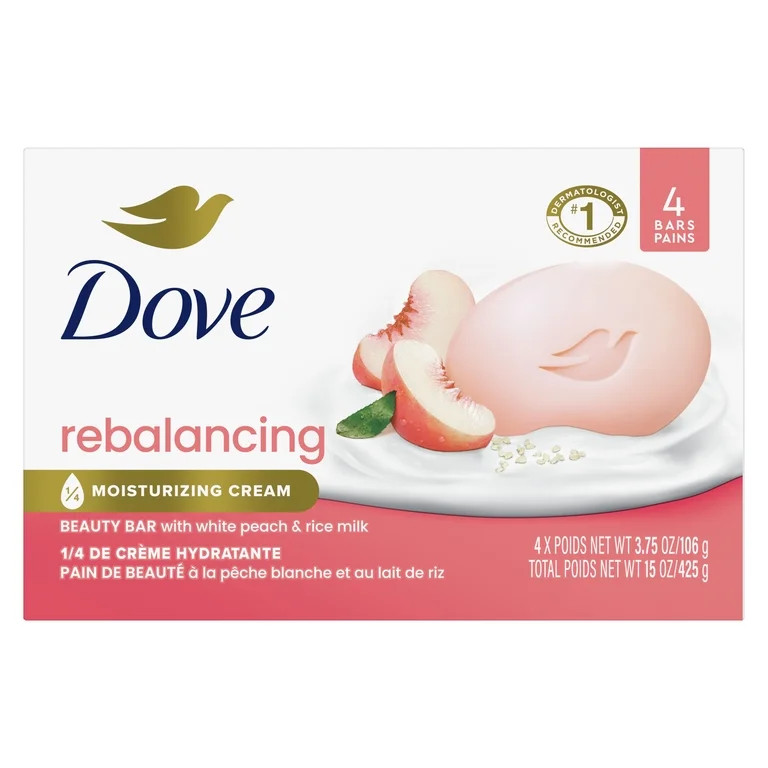 Dove Beauty Bar Soap for Women Rebalancing White Peach & Rice Milk All Skin, 3.75 oz 4 Bars | Walmart (US)