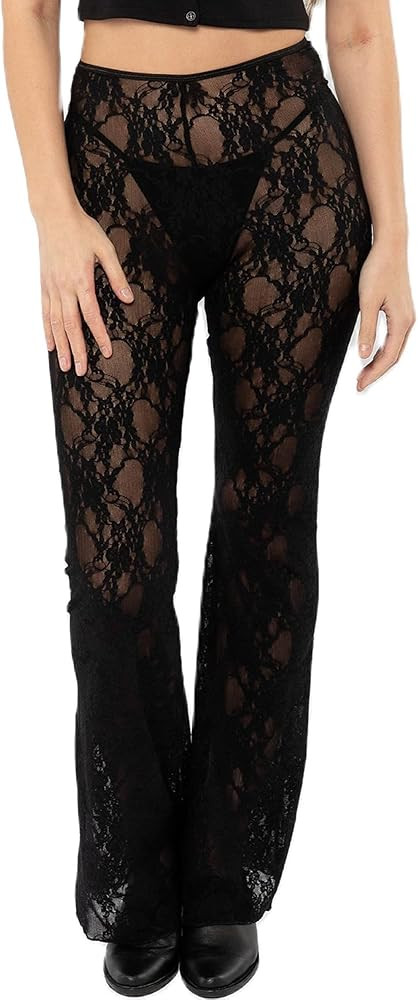 Sunloudy Women Lace Bell Pant Sexy See Through Flare Bottom Leggings Hollow Out Mesh Cover Up Tro... | Amazon (US)