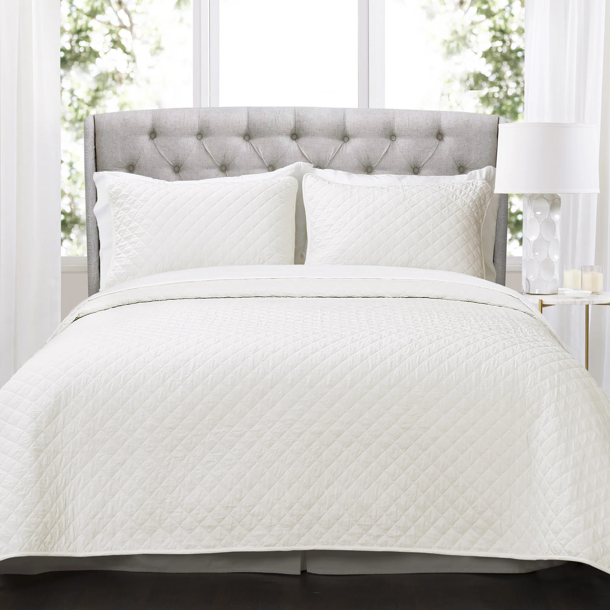 Ava Diamond Oversized Cotton Quilt White 3Pc Set Cal King | Wayfair North America