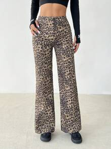 SHEIN PETITE Solid High-Rise Seam Detail Leopard Print Trousers | SHEIN