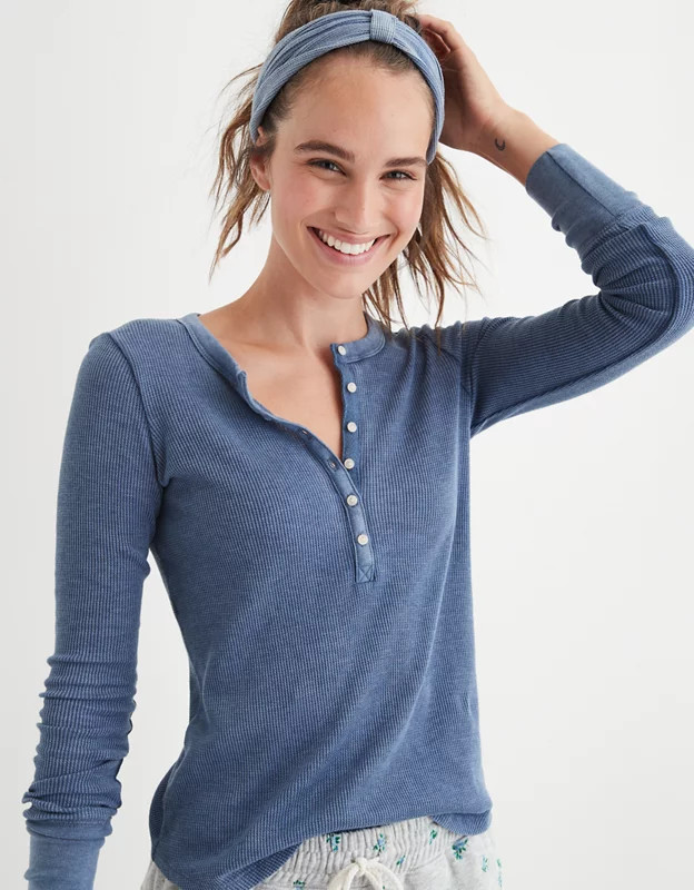 Aerie Waffle Henley Long Sleeve T-Shirt | American Eagle Outfitters (US & CA)