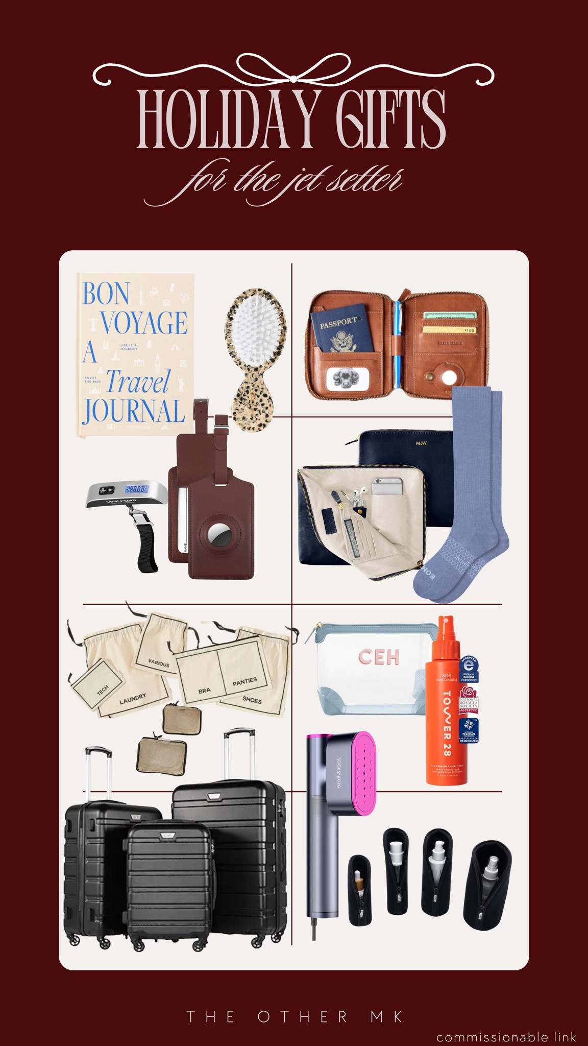 holiday gifts, Christmas gifts, trendy gifts, wishlist, holiday favorites, gifts for jet setter, travel journal, hair brush, suitcase set, travel bag organizer, leather travel wallet, facial spray, clothes travel steamer, luggage bag tags

#LTKSeasonal #LTKGiftGuide #LTKHoliday