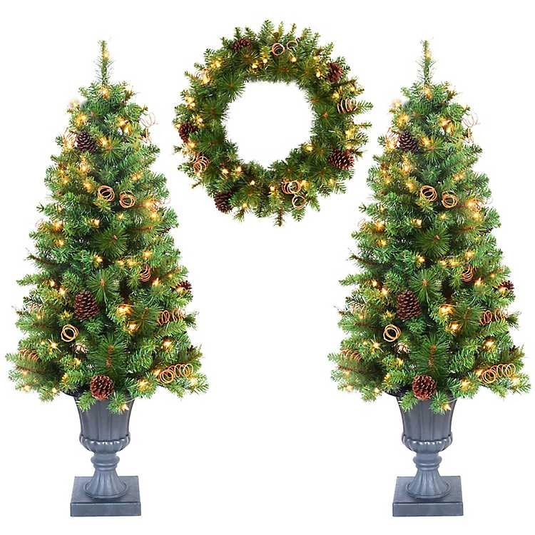 Pre-Lit 3-pc. Pine Wreath and Topiary Set | Kirkland's Home