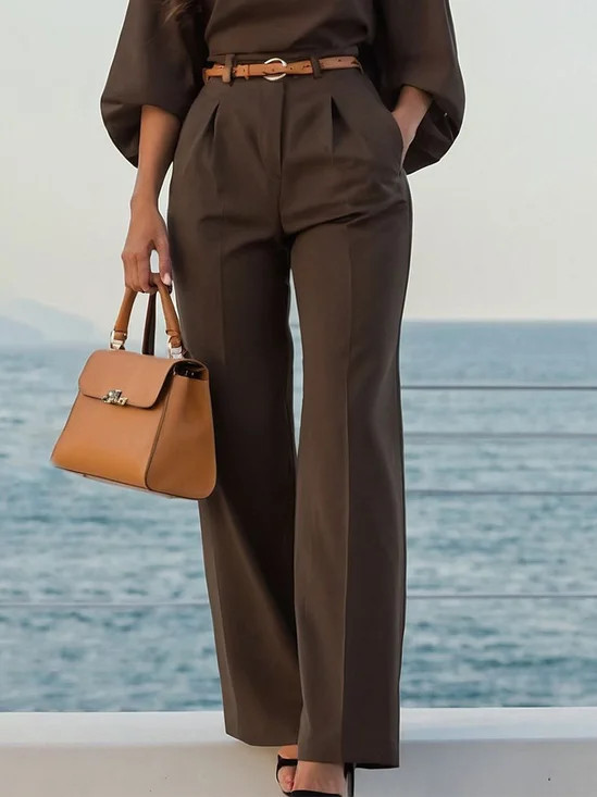 Urban High Waist Straight Pants Plain H-Line Trousers for Work | Stylewe