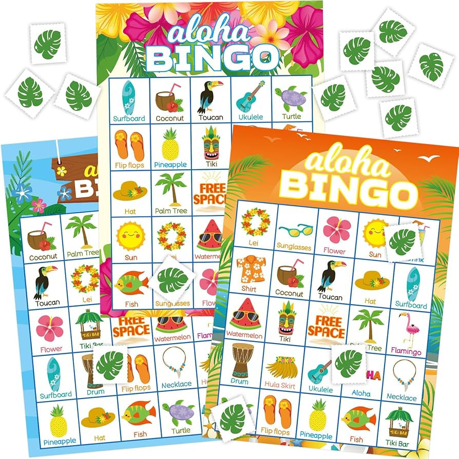 Fancy Land Luau Bingo Game for Kids 24 Players Hawaiian Aloha Tropical Summer Luau Party Games Fa... | Amazon (US)