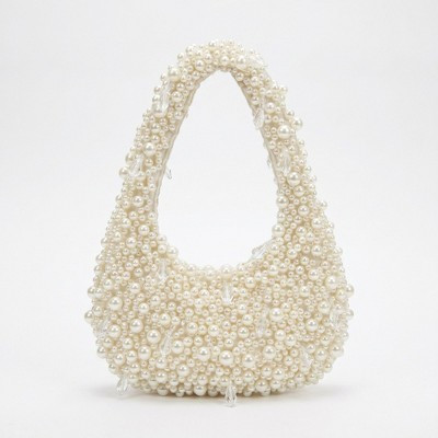 Alilang Faux Pearl Embellished Shoulder Bag with Crystal Accents Hand Beaded Crescent Handbag 10x2x13.7 in - Off White | Target