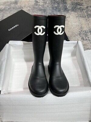 Chanel Rubber Black Rain Boots White CC Logo Size 38 | eBay US