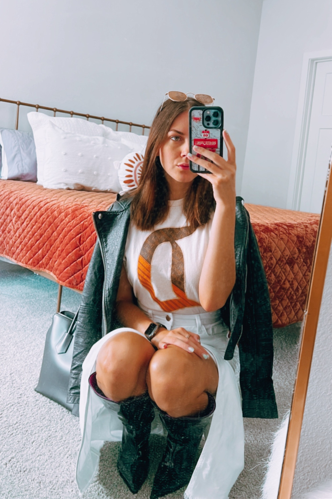 Todays work outfit inspired by a Disneyland vacation. Paired with leather boots and a long denim skirt. 

Slit skirt. White skirt. Leather jacket. Disneyland  

#LTKxNSale #LTKshoecrush