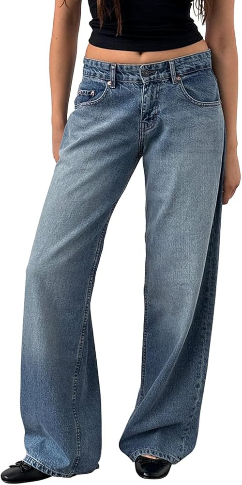 Women Y2k Low Rise Baggy Jeans Loose Fit Boyfriend Straight Wide Leg Jeans Trendy Stretch Long De... | Amazon (US)