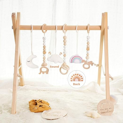 Baby Play Gym Wooden Baby Gym with 6 Toys Foldable Play Gym Frame Activity Gym Hanging Bar Baby T... | Amazon (US)