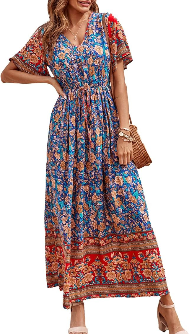 Women's Casual Floral Print V Neck Short Sleeve Summer Boho Beach Dress High Waist Long Maxi Dres... | Amazon (US)
