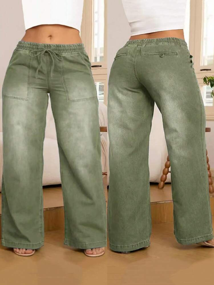 Plus Size Women's Elastic Waist Drawstring Straight Leg Jeans Casual Spring | SHEIN