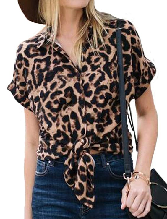 Halife Womens Leopard Print Tops Short Sleeve V Neck Chiffon Button Down Shirt Blouse | Amazon (US)