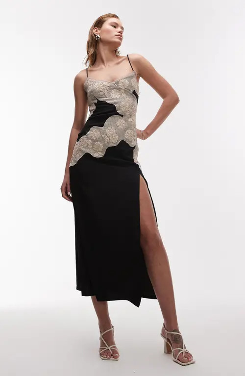 Topshop Embroidered Floral Cotton Midi Dress in Black at Nordstrom, Size 4 Us | Nordstrom